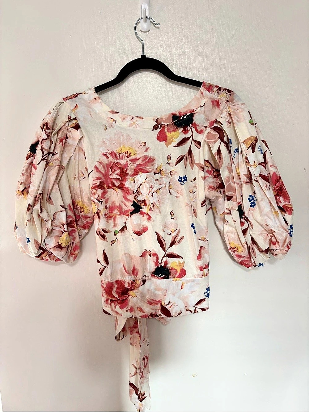 Express Floral V-Neck Long Sleeve Faux Wrap Pleated Waist Top Faux Wrap Pleated